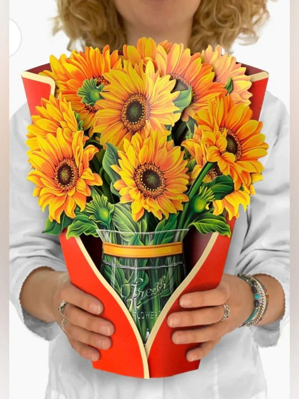 NWT VAN GOGH INSPIRED LIFE LIKE SUNFLOWER POP-UP BOUQUET & VASE W/ CARD 2 MATCH